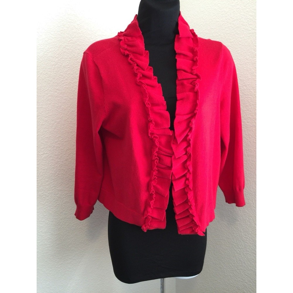 Style & Co. Large Red Ruffled Cardigan‎ 3/4 Sleeve Womens Size M